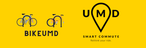 Images of two bikes locked with u-locks with BIKEUMD written below, and a you are here icon reading SmartCommute