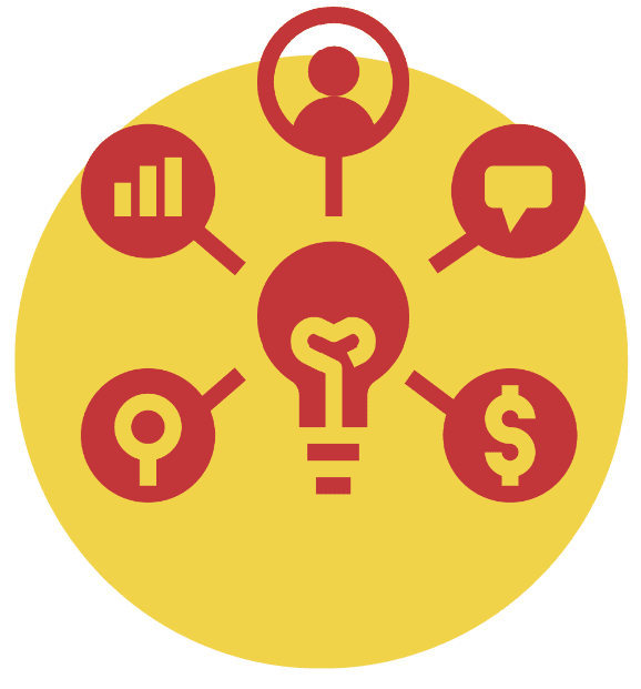 icon of a lightbulb with lines pointing away from it to a magnifying glass, a bar chart, a person, a speech bubble, and a dollar sign