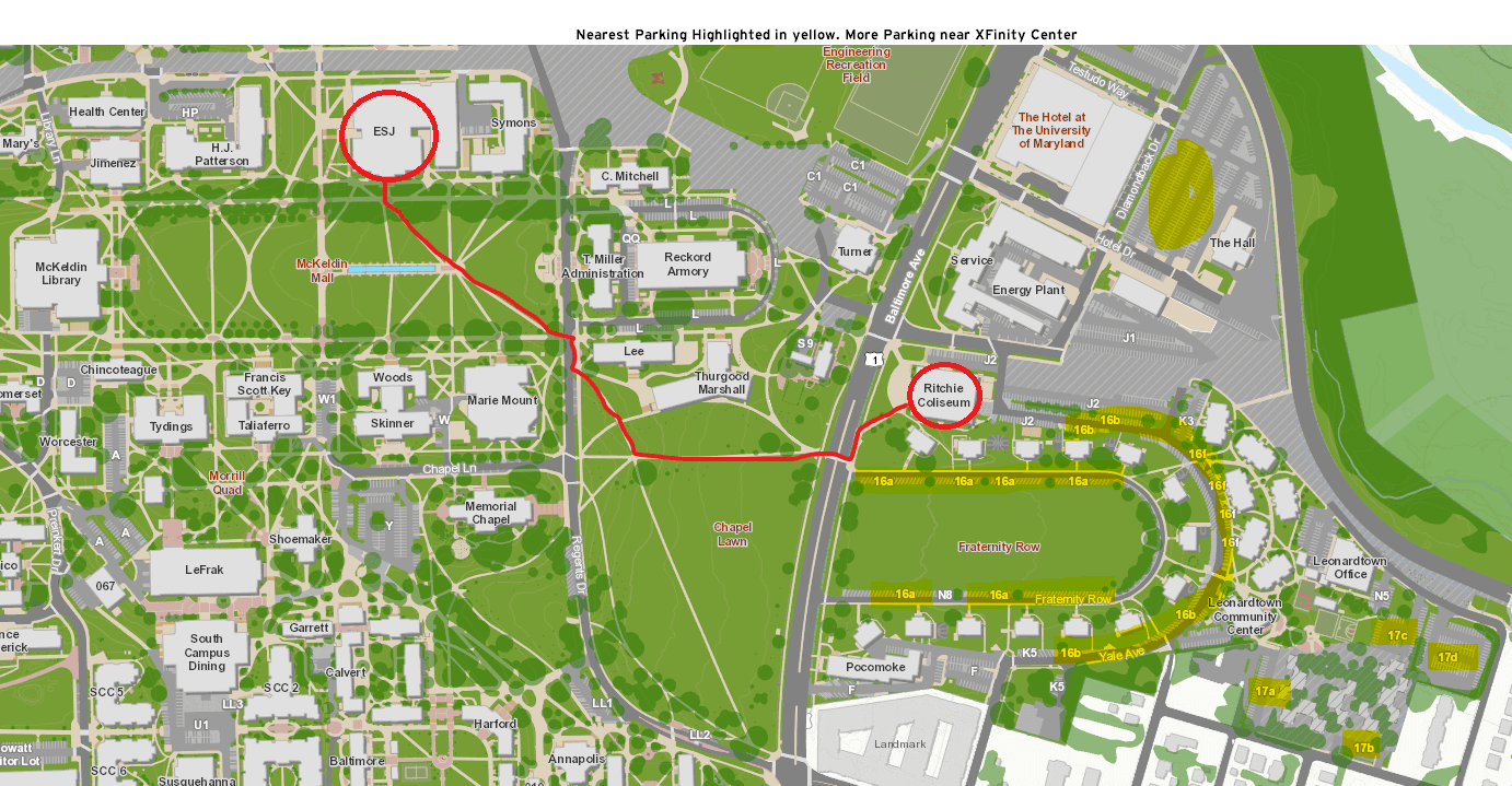 Map of campus with a path drawn between ESJ and Ritchie Coliseum and lot 16 parking highlighted