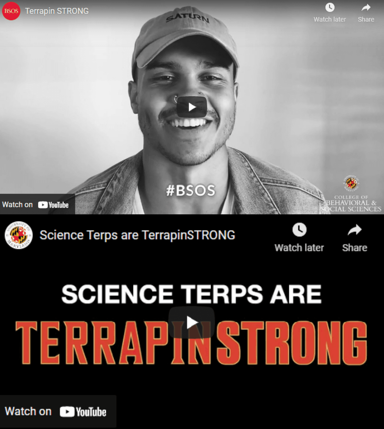 Screenshots of BSOS and CMNS videos for TerrapinSTRONG