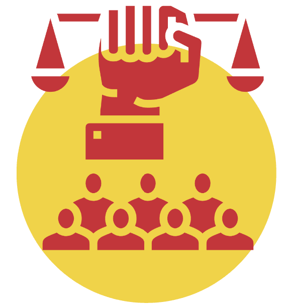 icon of a fist holding justice scales with many people underneath the fist