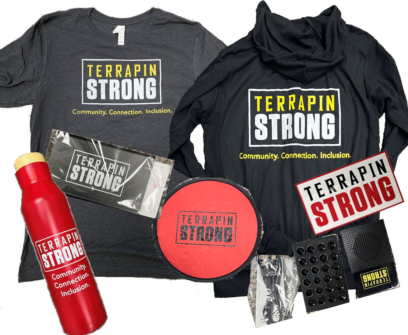 Giveaway items for TerrapinStrong swag include: card holder, shirt, water bottle, frisbee, speaker, stickers