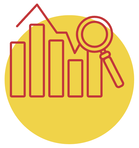 icon with bar graph, line graph, and magnifying glass