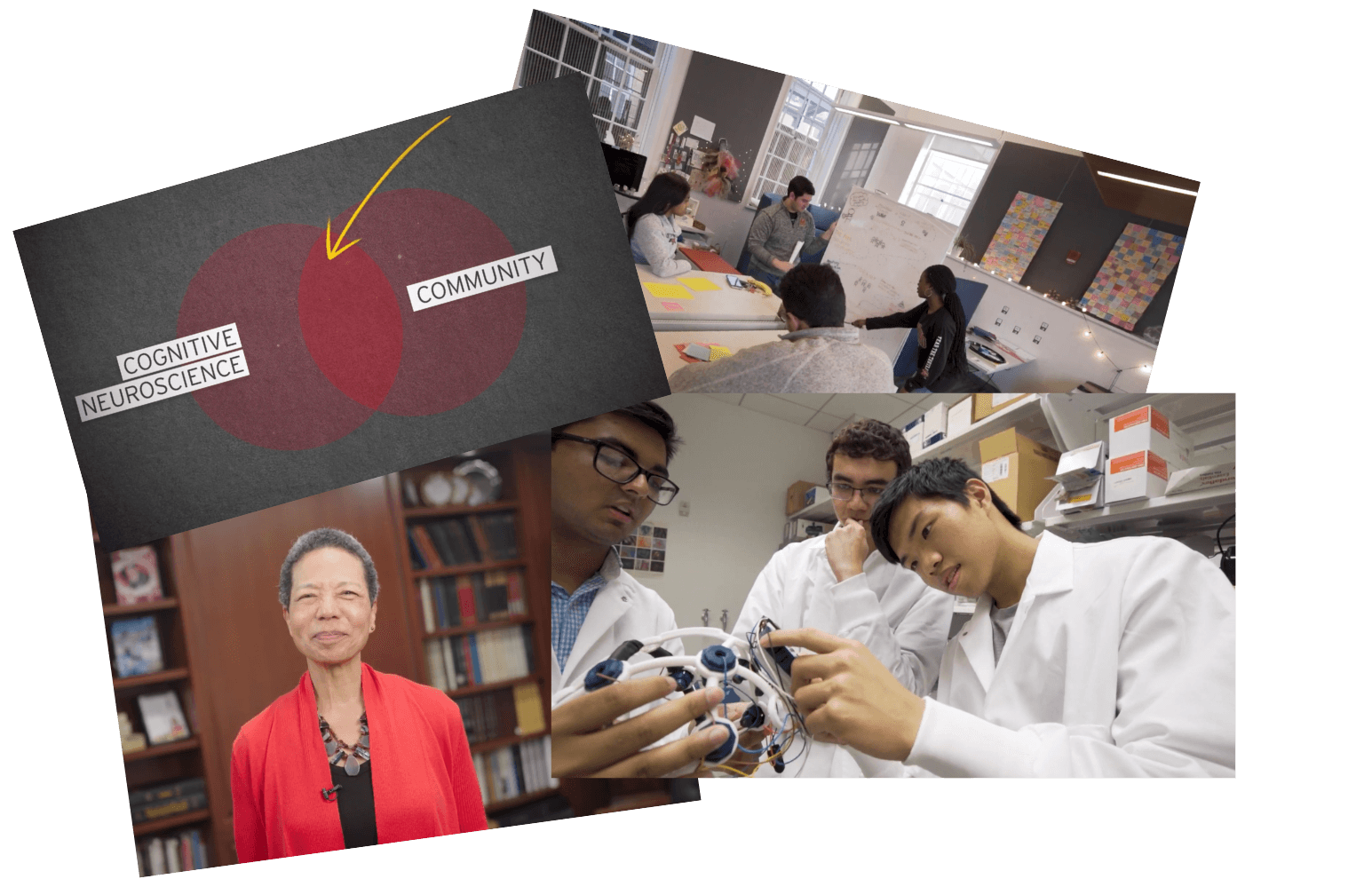 still images from TerrapinSTRONG Course, including headshot of Dr. Georgina Dodge (light-skinned black and Korean woman with short hair), a Venn diagram pointing to the overlap between cognitive neuroscience and community, students in a classroom and students in a lab wearing labcoats