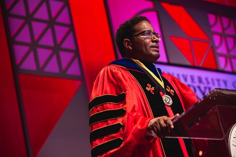 Photo of Dr. Darryll Pines in doctoral regalia for his inauguration