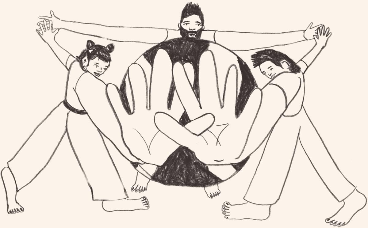 Hand drawn illustration of three people holding hands around the globe.