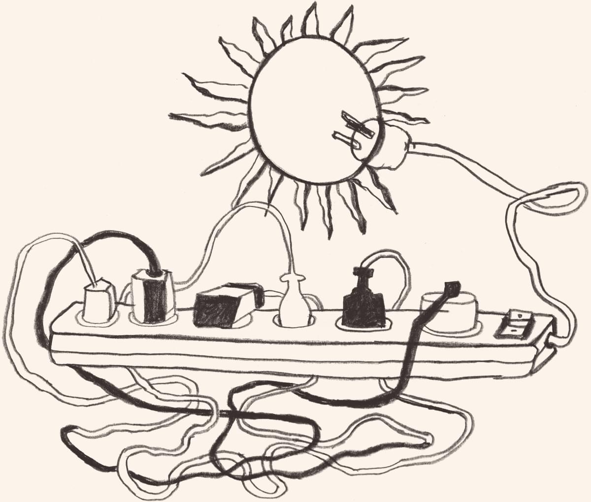 Hand drawn illustration of a power strip plugged into the sun.
