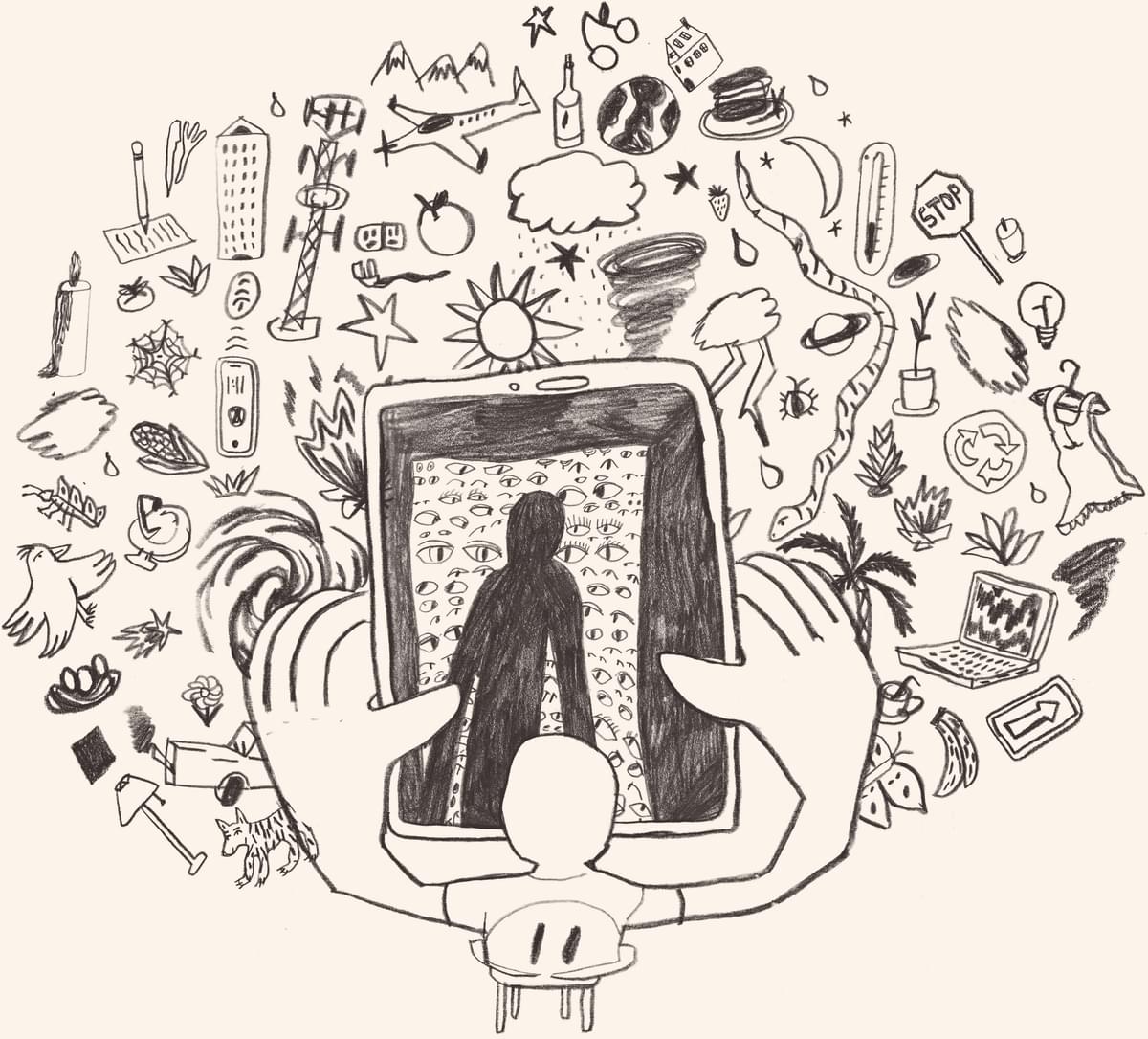 Abstract hand drawn illustration of someone looking at a tablet.