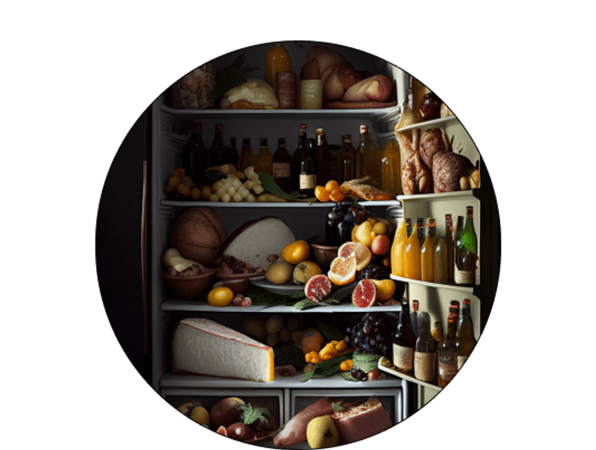 Open fridge overflowing with food.