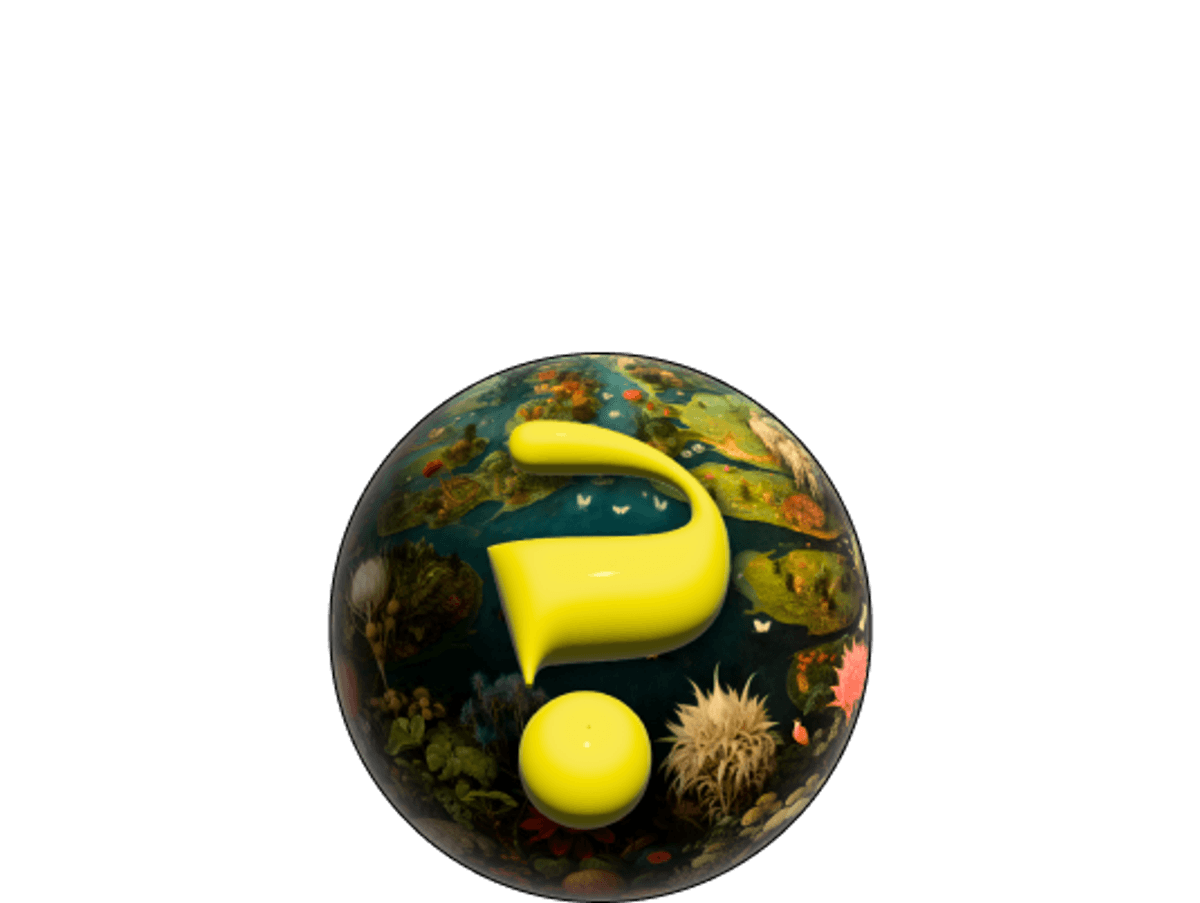 Question mark with abstract nature art in background.