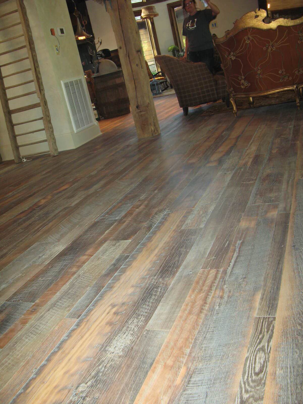 Character reclaimed hardwood floor Hickory NC castle grey WOCA oil