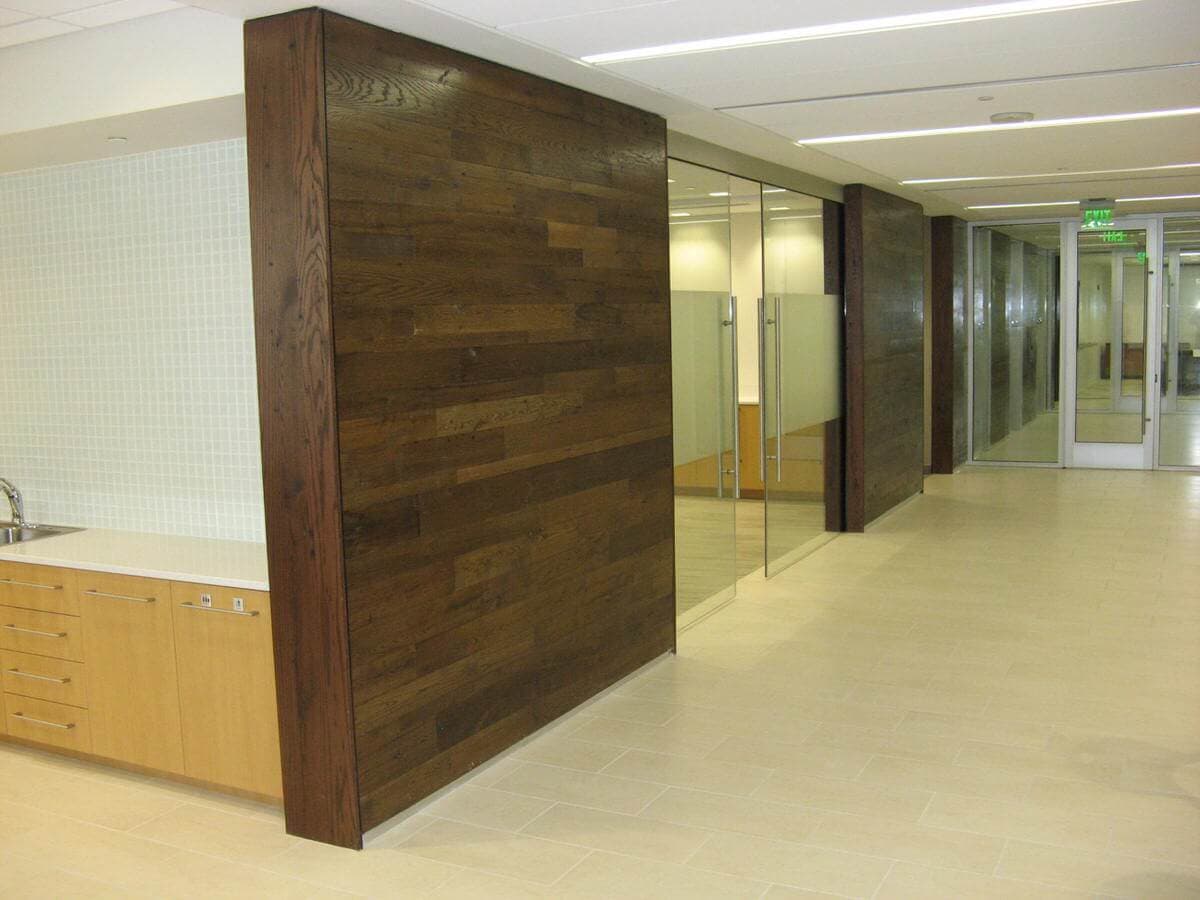 Progress Energy reclaimed wood and glass office hallways