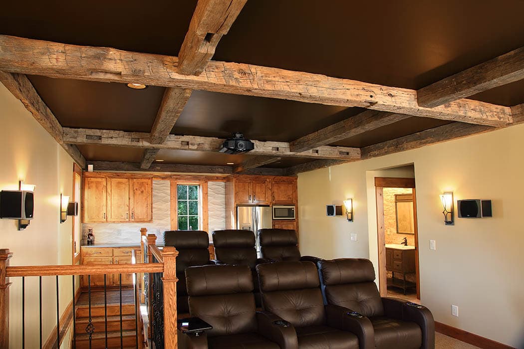 Hand Hewn Wood Ceiling Beams in Home Theater Greenville SC