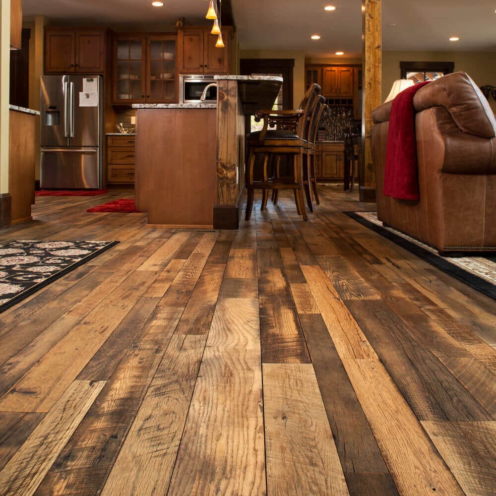 Reclaimed barnwood flooring in Black Mountain North Carolina home.