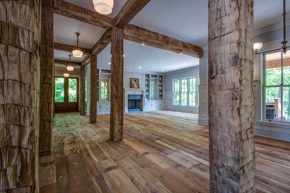 Reclaimed wood beams in Willow Creek South Carolina home.