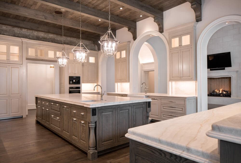 Reclaimed wood beams above kitchen.