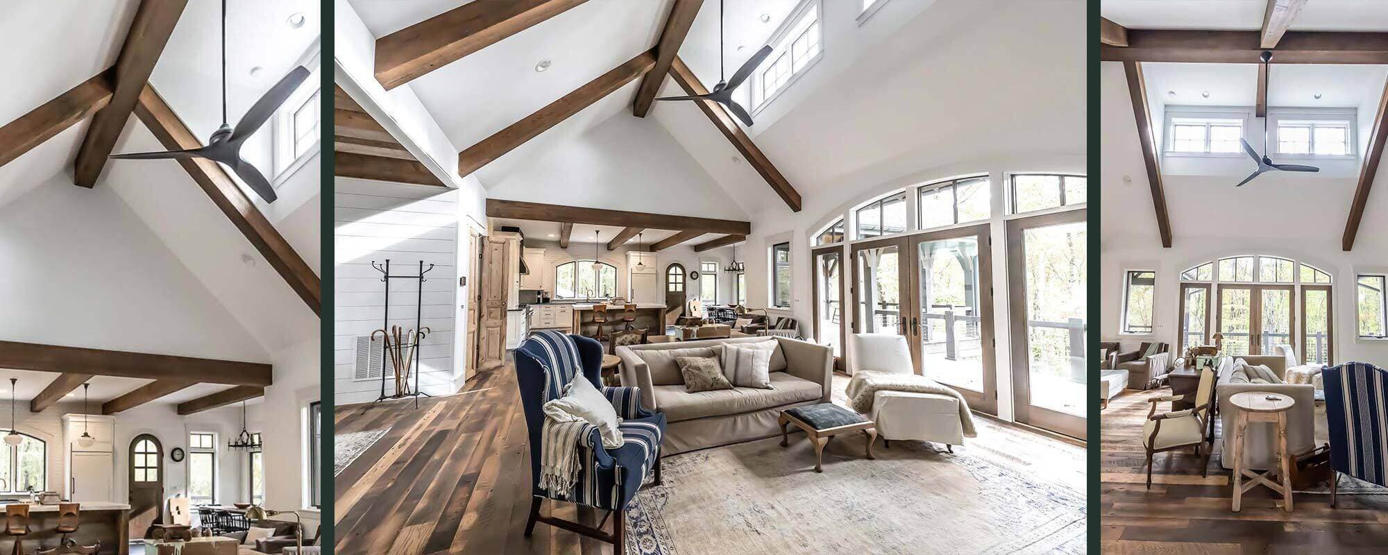 Three photos of reclaimed wood box beam ceilings with clean white backdrop.