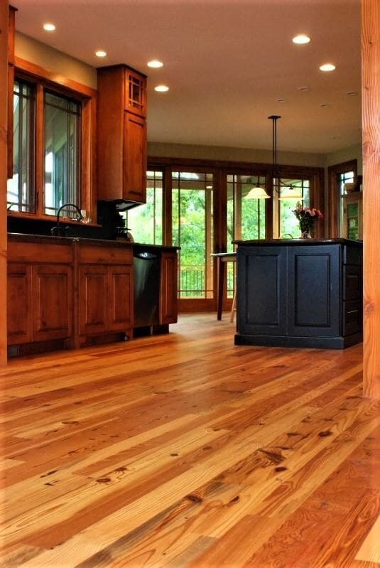 Cabin grade heart pine floor in a kitchen hendersonville nc 1
