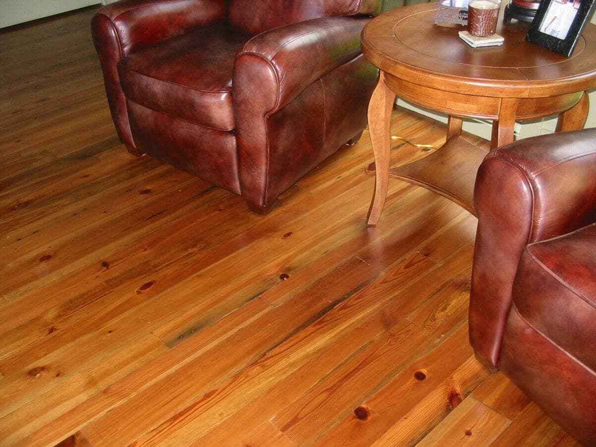 Cabin grade heart pine floor, 2 chairs and a table, lake toxaway nc 1