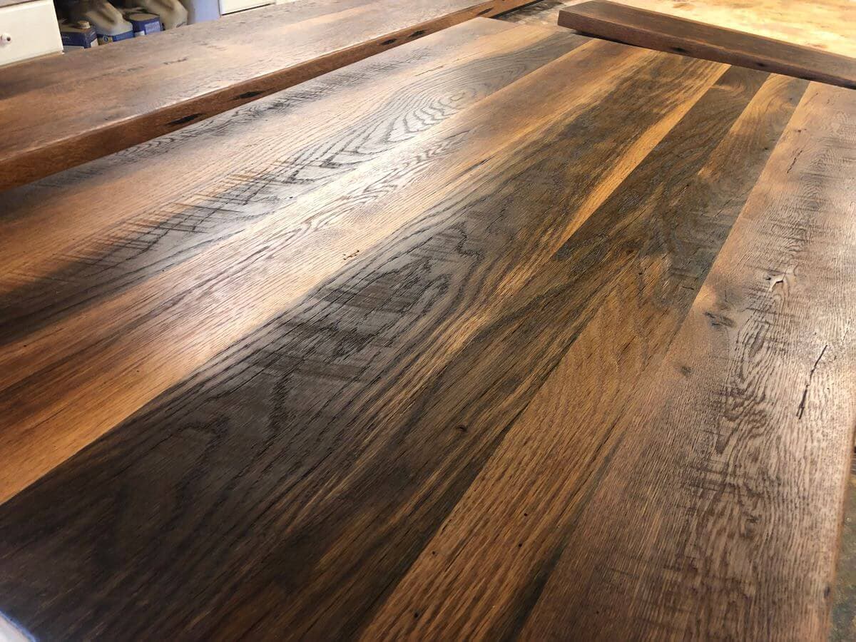 character oak counter top on production table, finished with dark brown oil