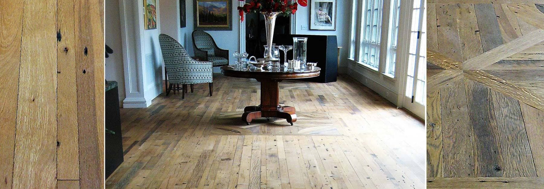 Classic reclaimed white oak flooring with beautiful inlay.