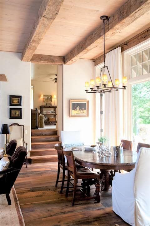 Hand hewn reclaimed white oak floor and beams near Tryon, NC