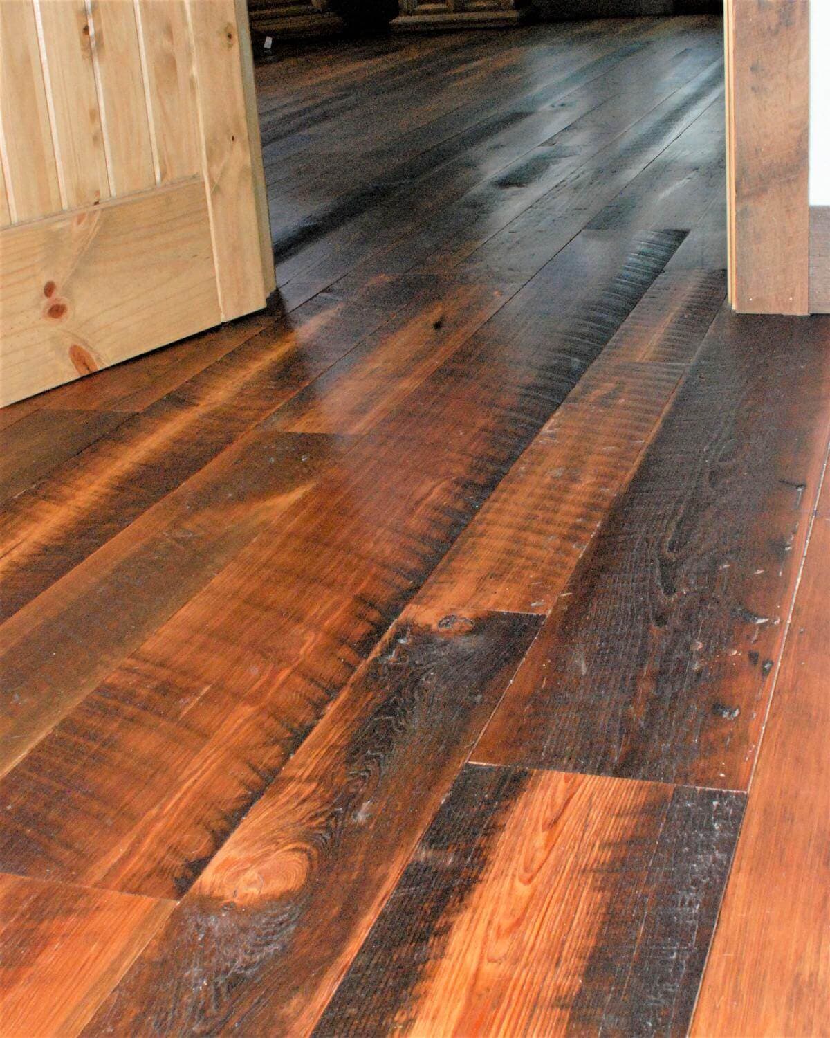 Heart pine character flooring in a hallway