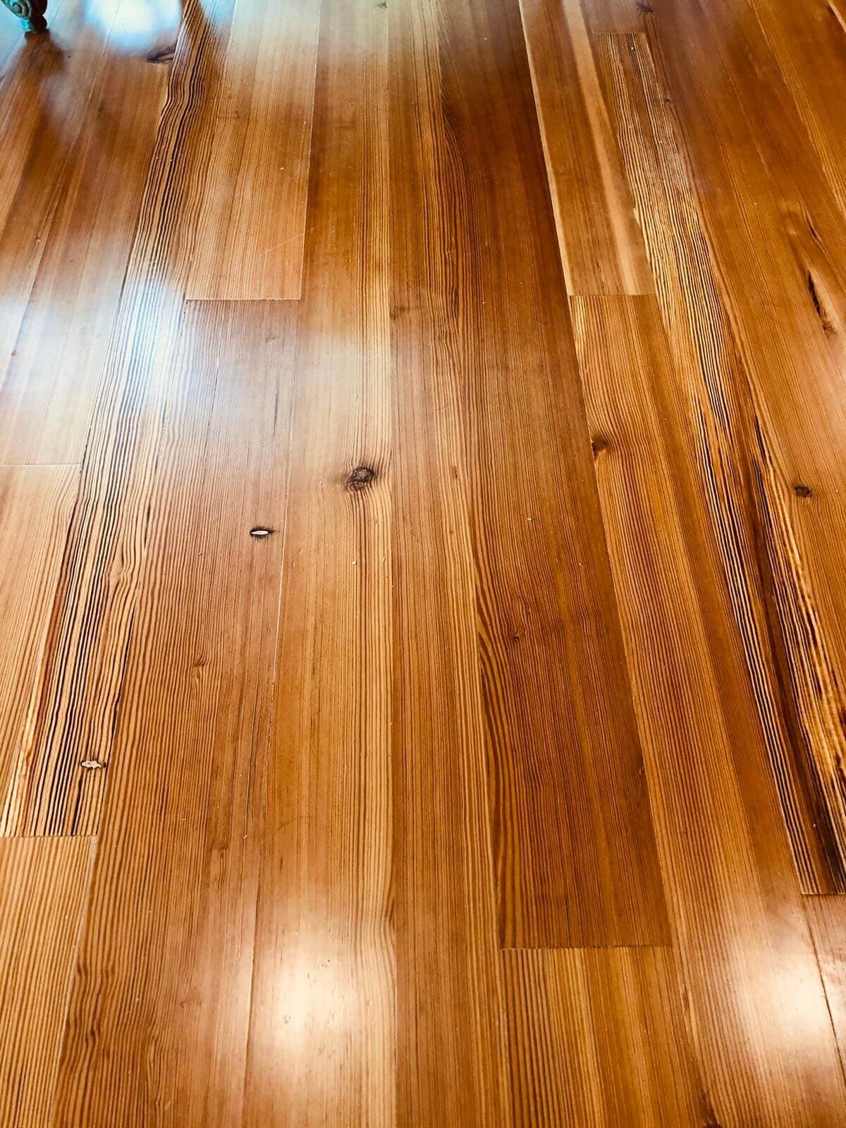 Heart pine hardwood flooring close up.