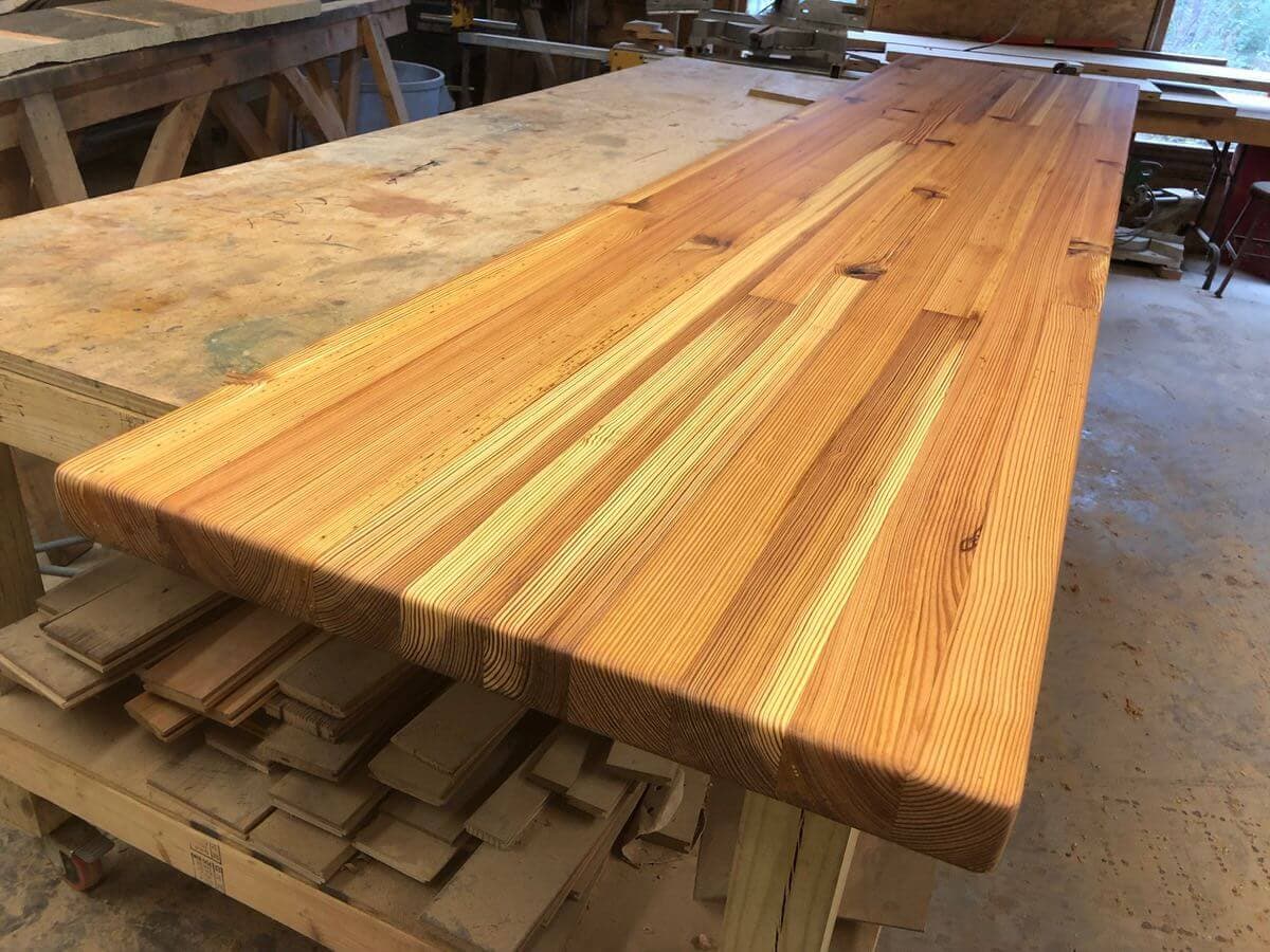 heart pine countertop with contrasting heartwood and sapwood in production facility