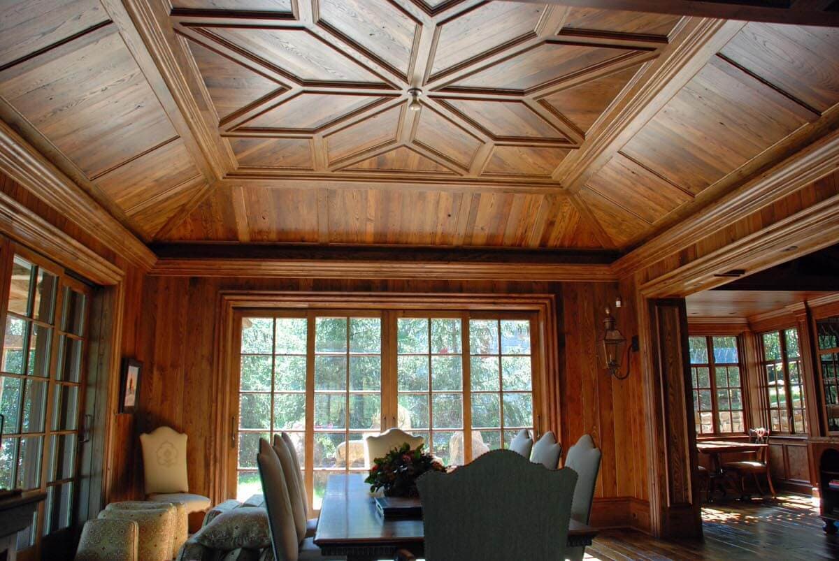 Reclaimed heart pine ornate inlaid ceiling in Hendersonville, NC