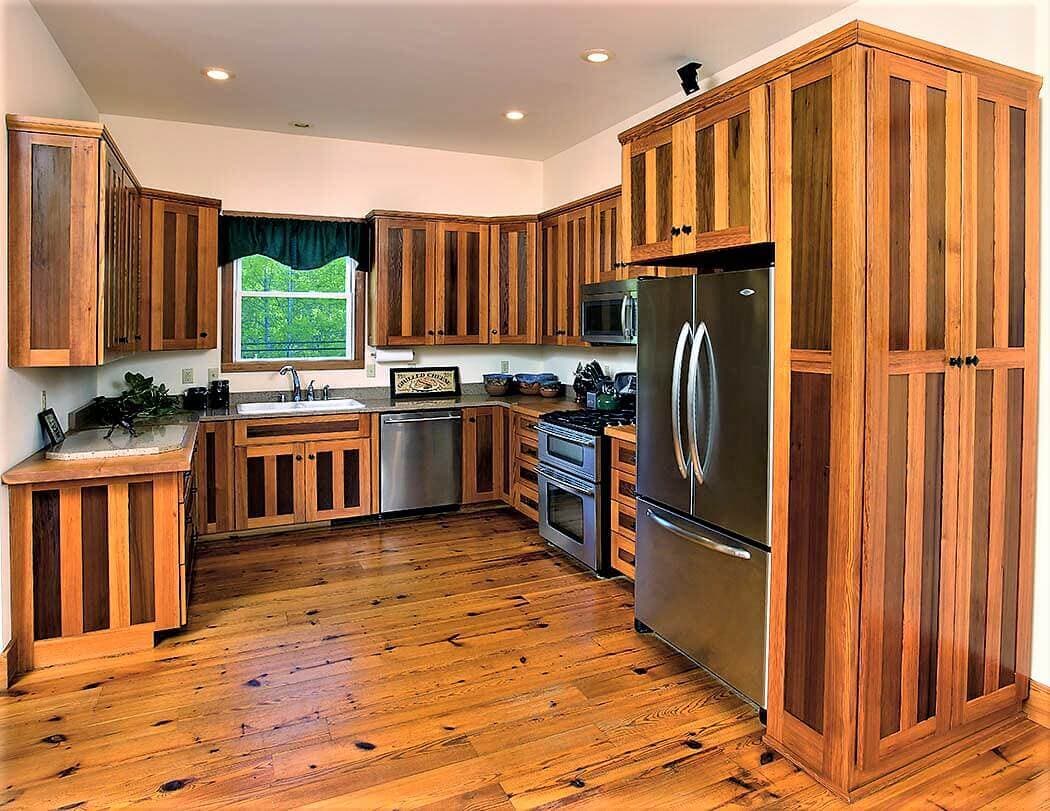 reclaimed wood kitchen with heart pine and redwood cabinets and flooring