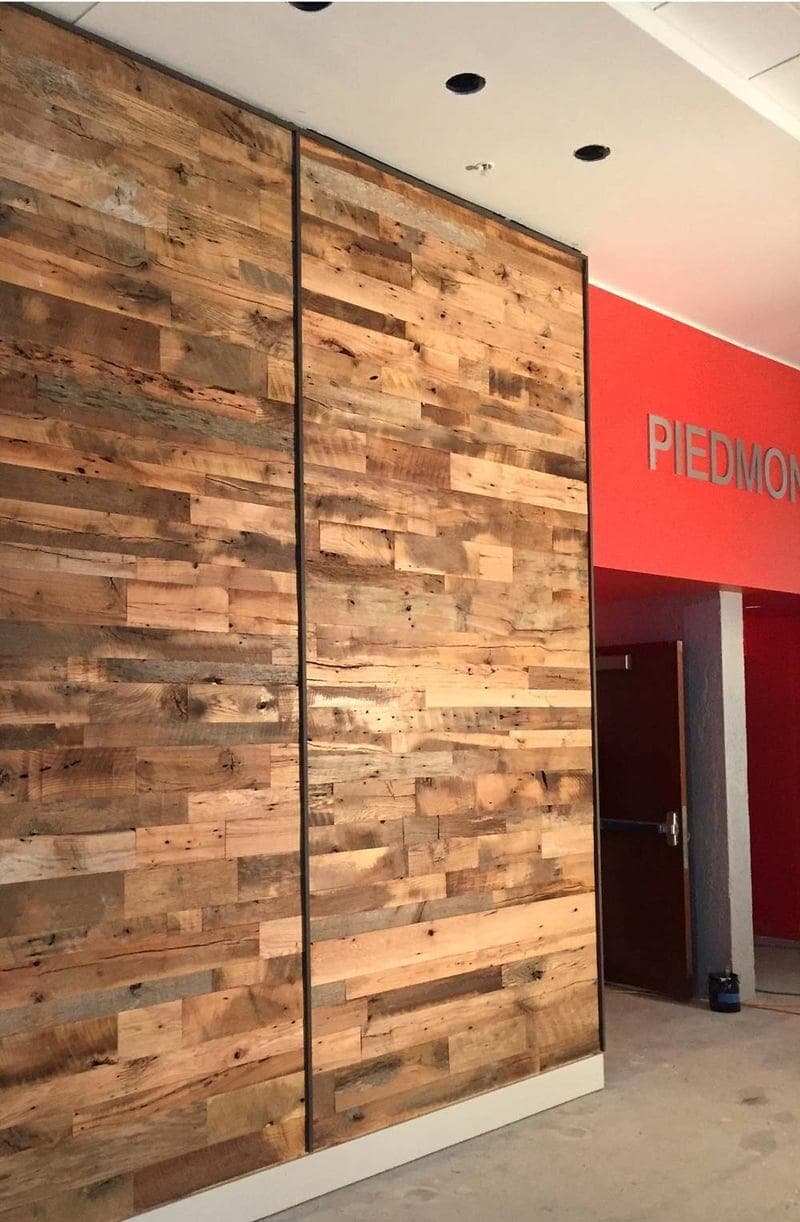 Reclaimed hardwood accent wall in commercial space.