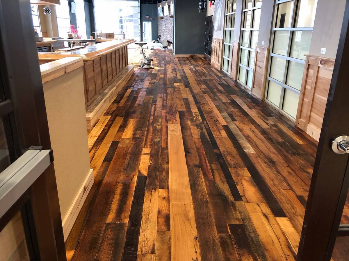 Reclaimed hardwood floor in Mavericks Restaurant Watertown SD