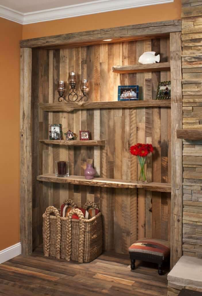 Reclaimed wall cladding and enclosed book shelf in Flat Rock NC