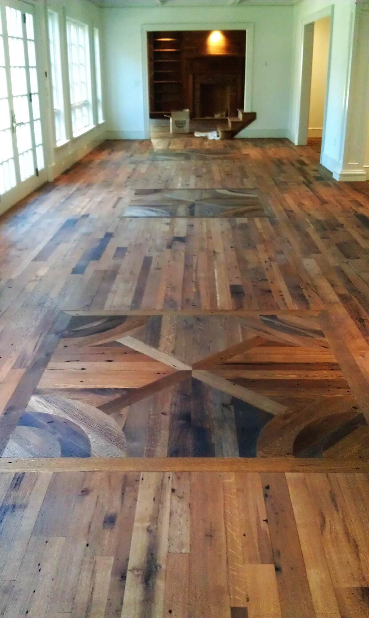 Reclaimed white oak mosaic pattern floor long view