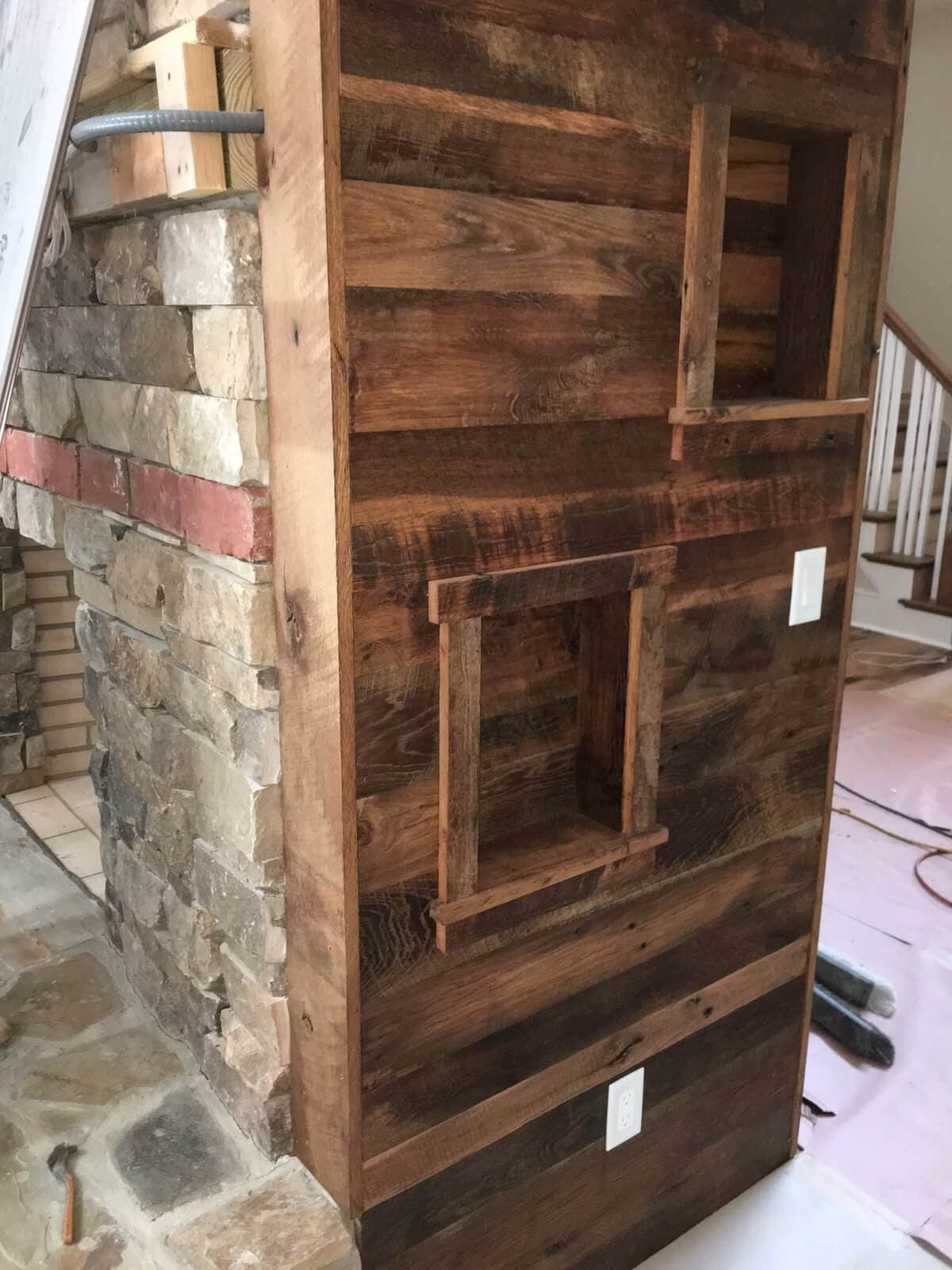 reclaimed wood fireplace utility side wall of 2-room open fireplace in saluda nc