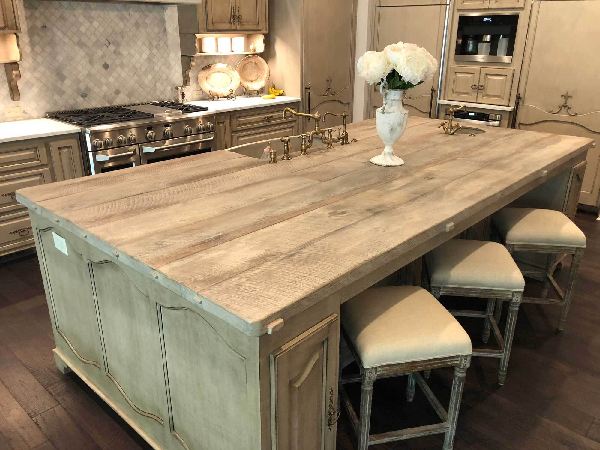 Reclaimed wood countertop for kitchen island.