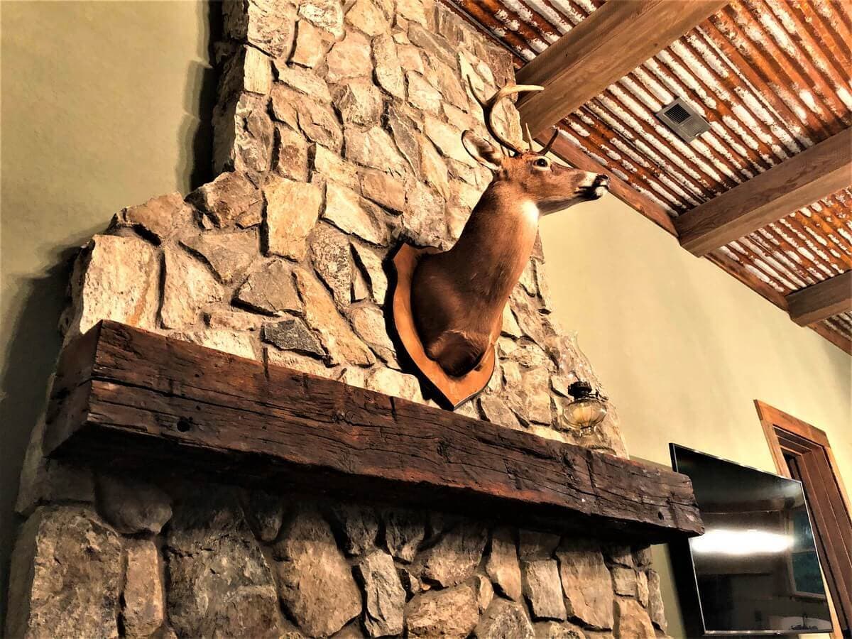 Reclaimed wood mantel hand hewn from Beech on fireplace below mounted deer.