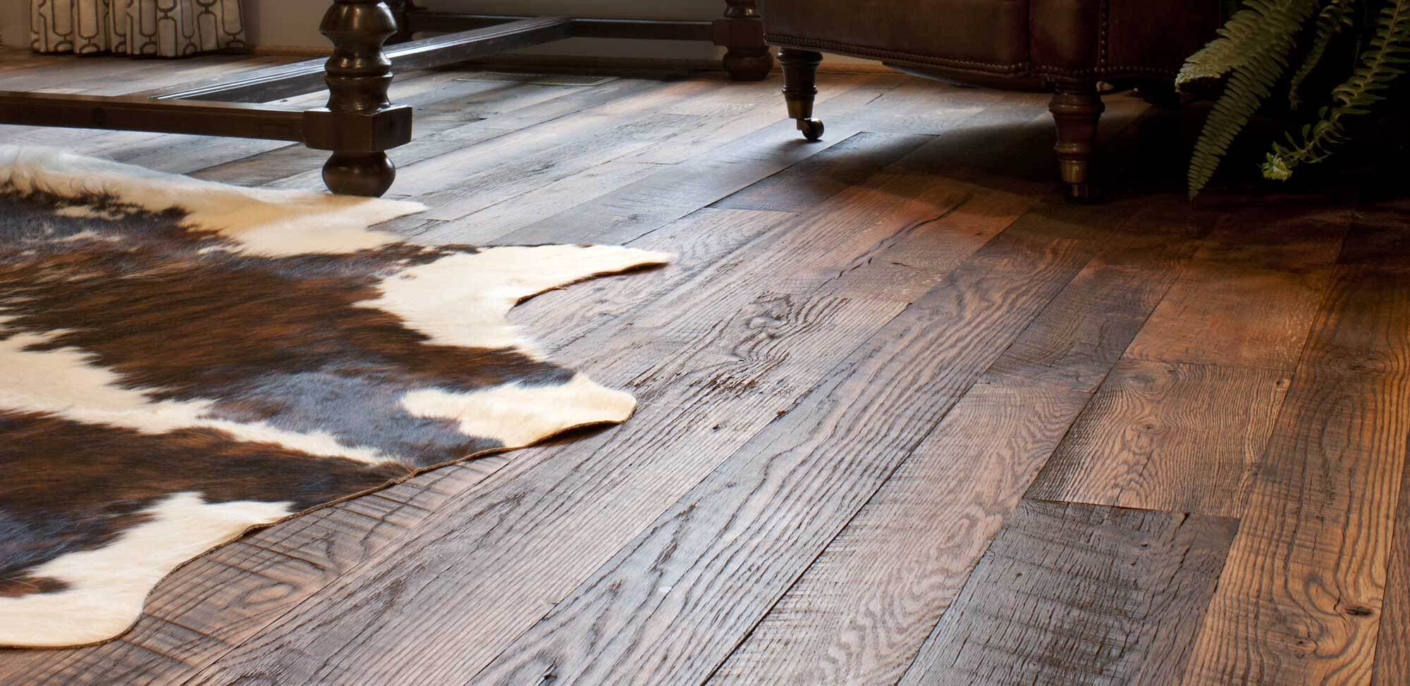 Reclaimed engineered wood flooring with rustic look.