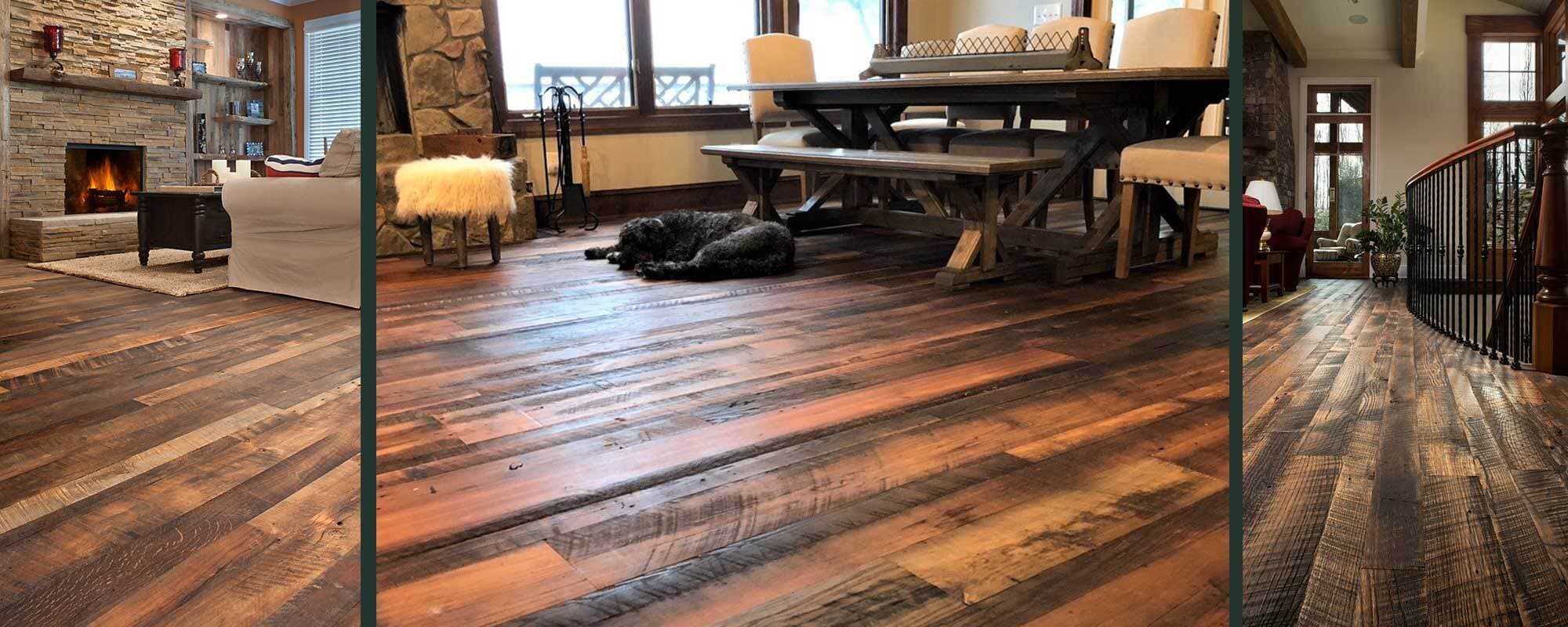 Three images of rustic reclaimed wood flooring in residential home.