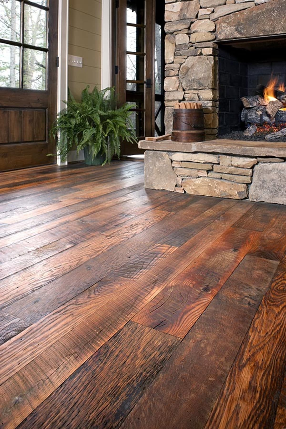 Reclaimed rustic oak flooring in living room in Flat Rock North Carolina home.