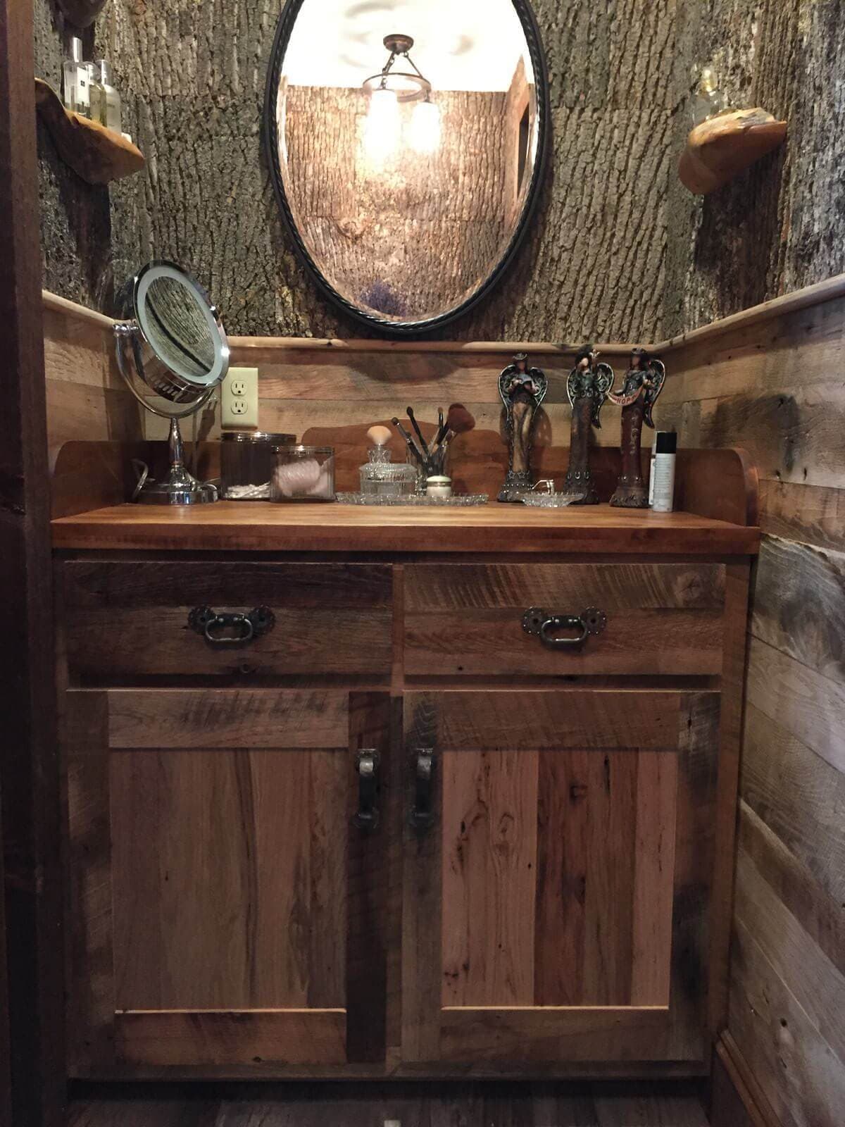 rustic hardwood cabinet and cladding in a powder room with an oval mirror