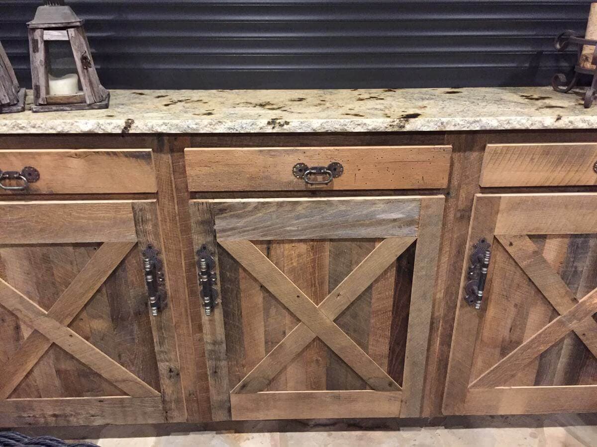 rustic reclaimed drawers and cabinet profile with "x" and a marble top