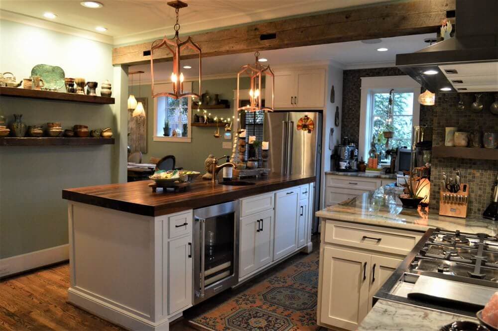 Solid wood pine beam with circle sawn texture in kitchen.