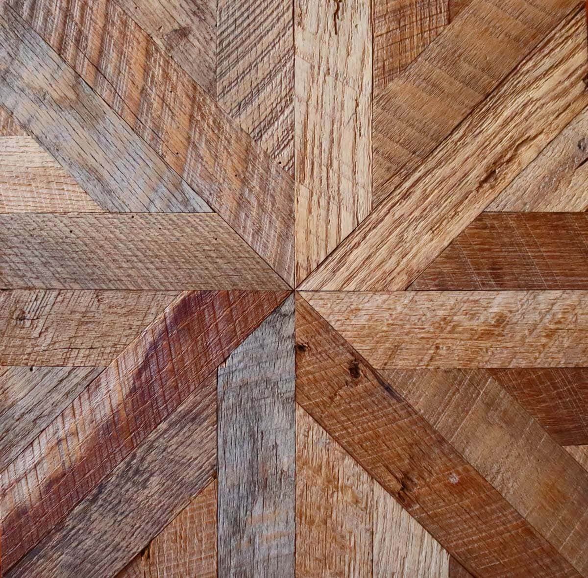 Engineered reclaimed wood tile in star pattern.