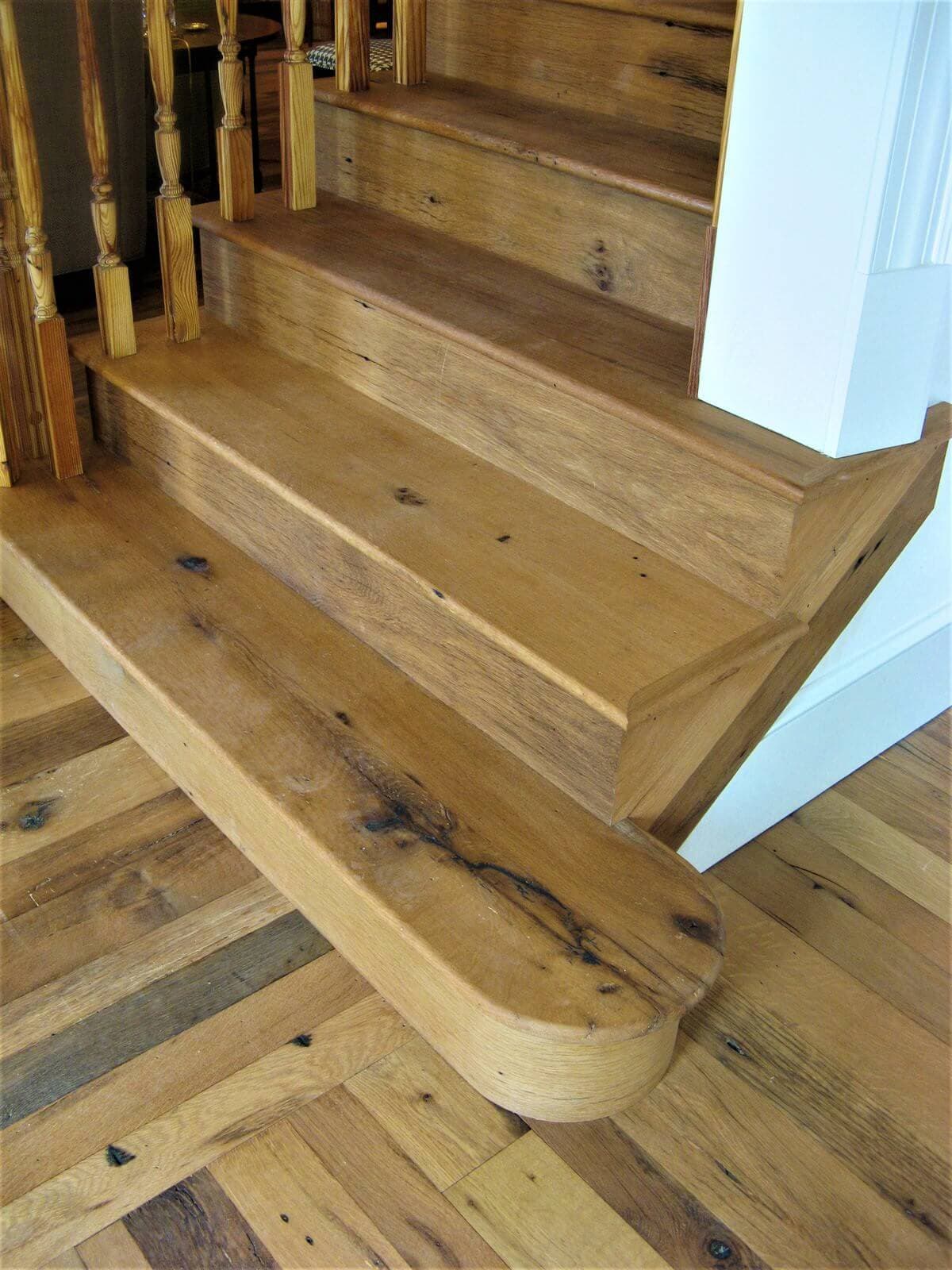 reclaimed white oak floor and rounded stair leading up in spartanburg sc