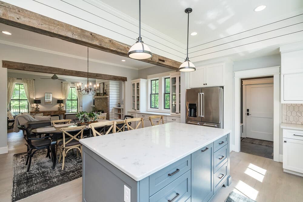 Solid wood beam decorative ceiling accent in kitchen dining room