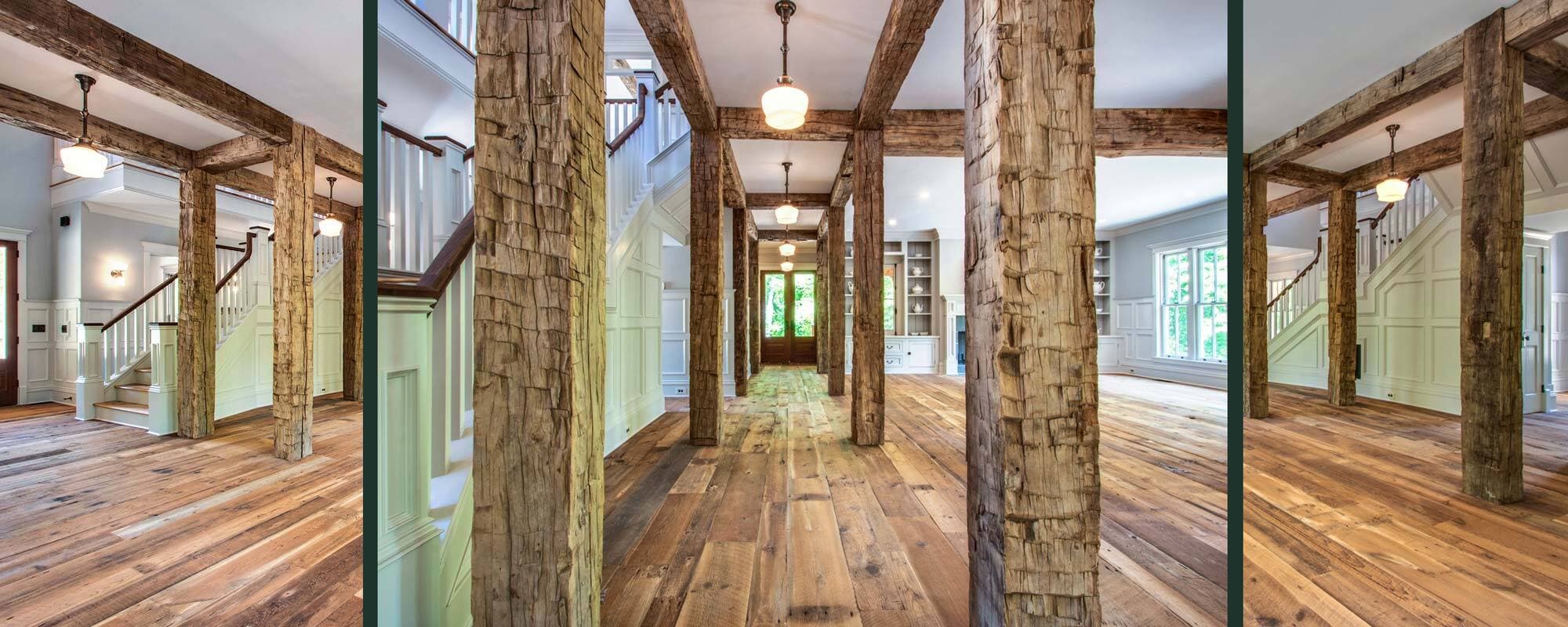 Reclaimed wood beams in South Carolina home.