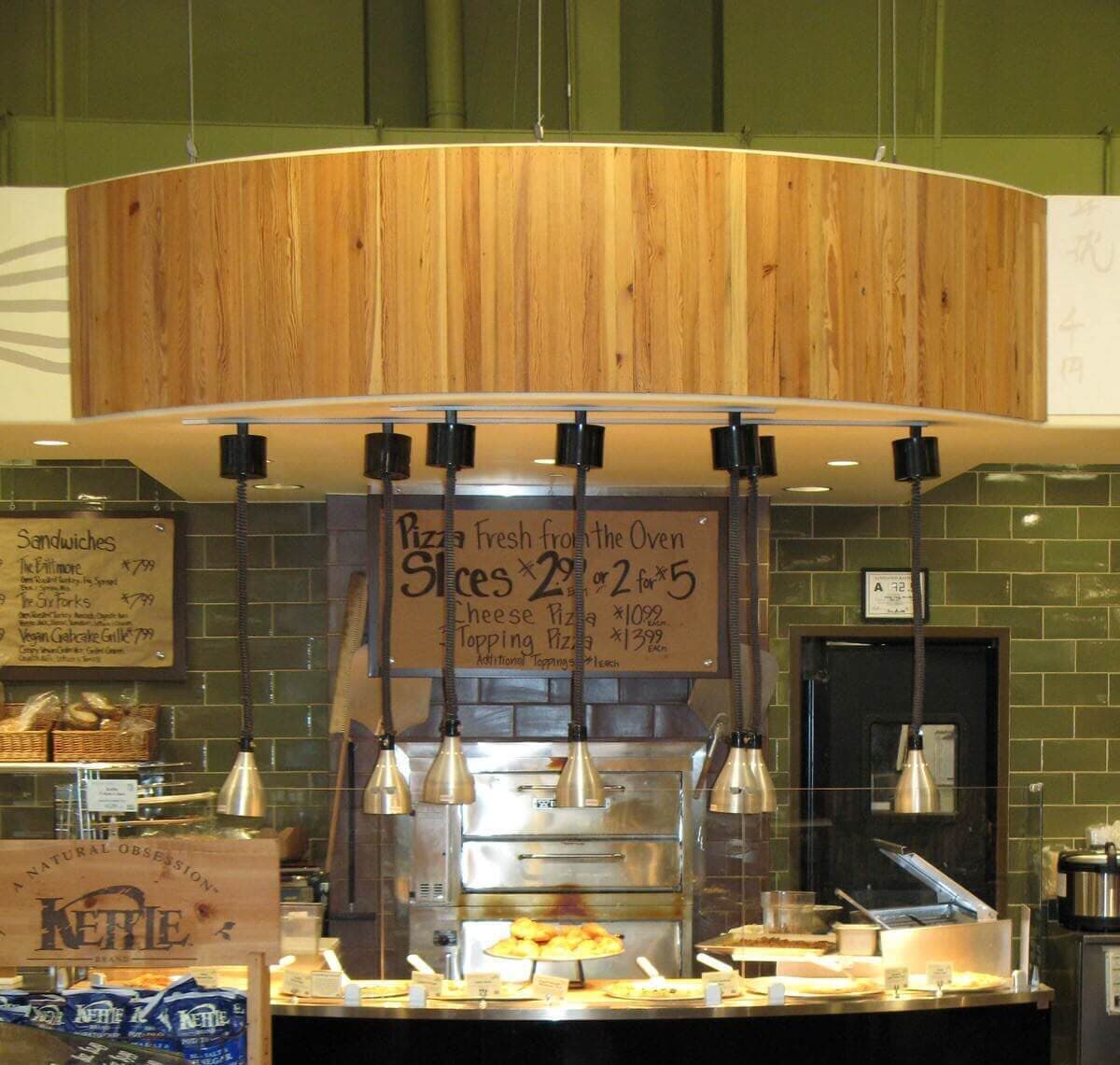 Wood paneling accent feature in whole foods in Raleigh NC.