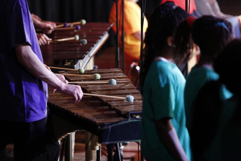 Two xylophones being played by performers wearing purple t-shirts.